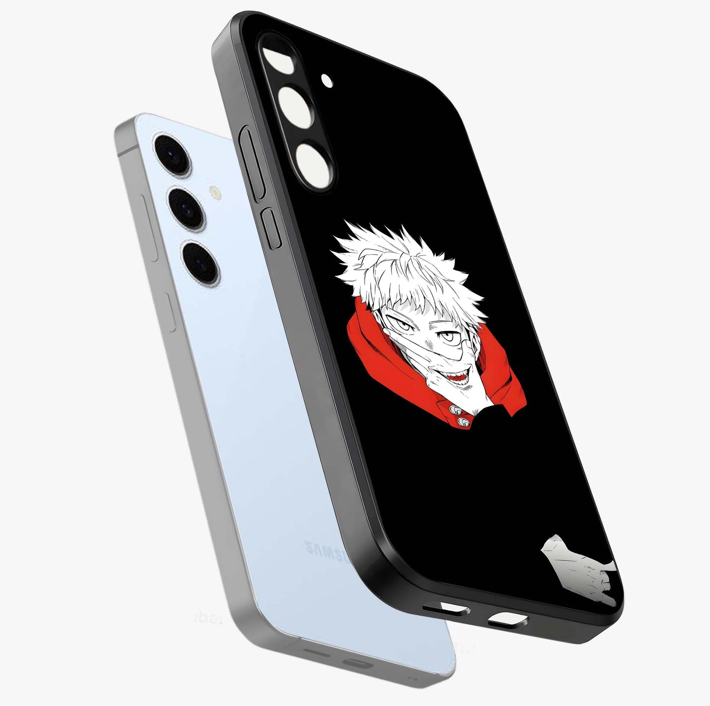 Crimson Chaos Smile Glass Case displayed in angled mockup highlighting edgy crimson smile design with graphic aesthetic.