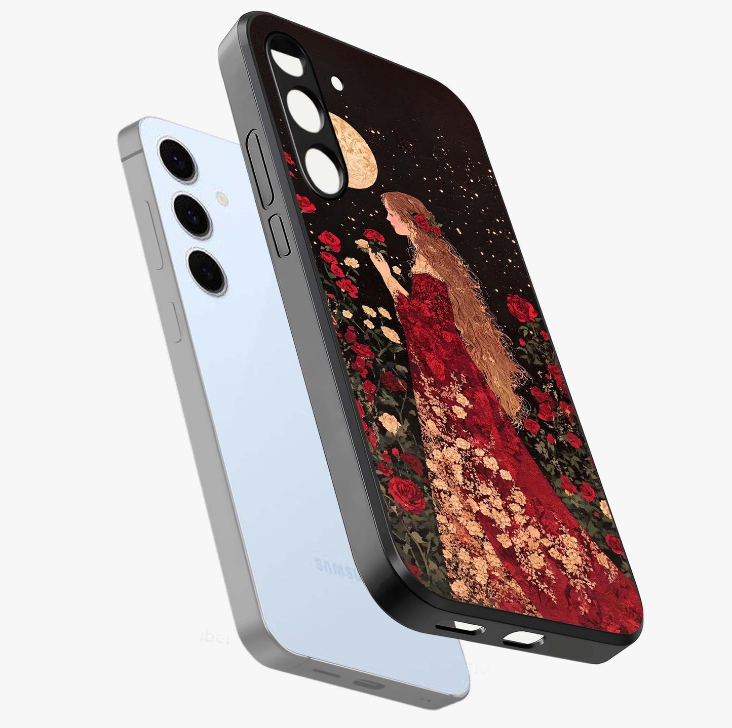 Crimson Dreams Glass Case displayed in angled mockup highlighting soft crimson aesthetic design with artistic theme.