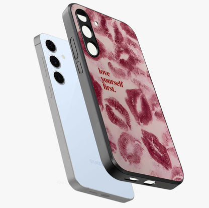 Crimson Kiss Love Glass Case displayed in angled mockup highlighting bold love inspired design with modern aesthetic style.