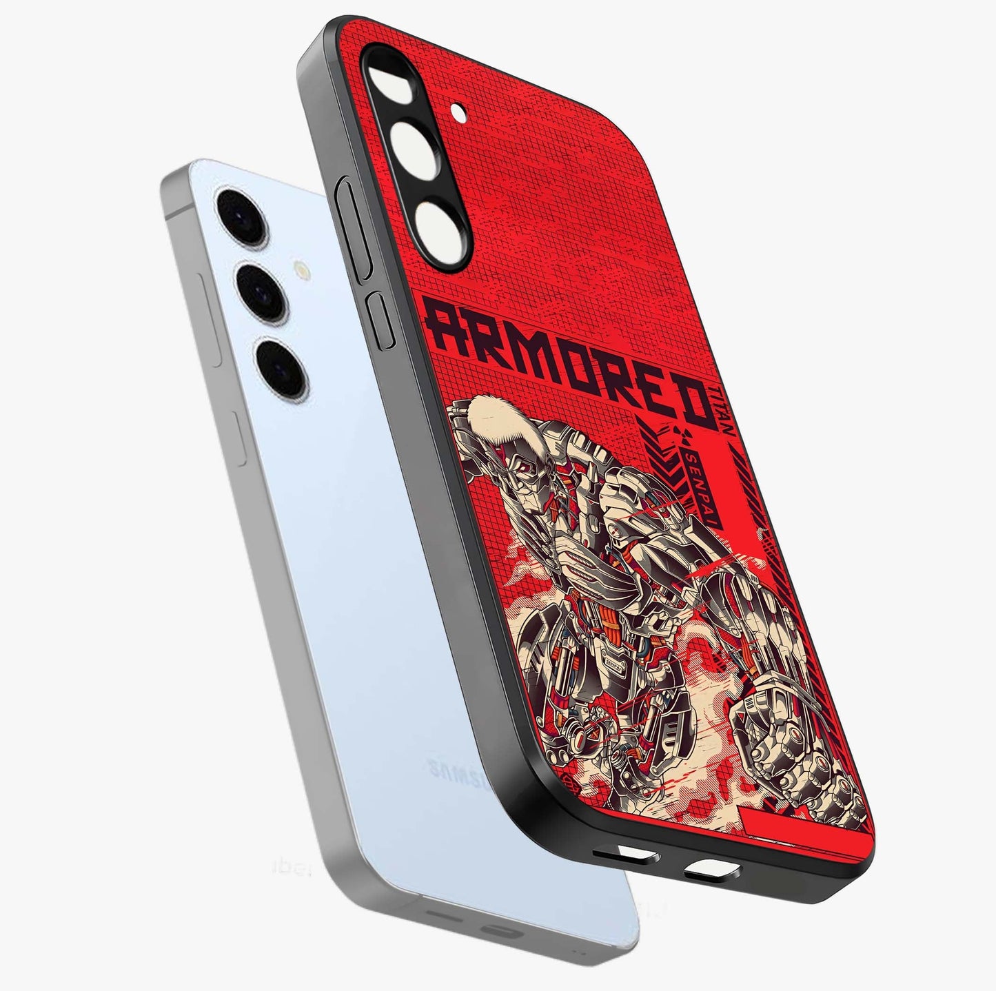 Crimson Mecha Titan Glass Case displayed in angled mockup highlighting futuristic mech illustration with bold crimson aesthetic.