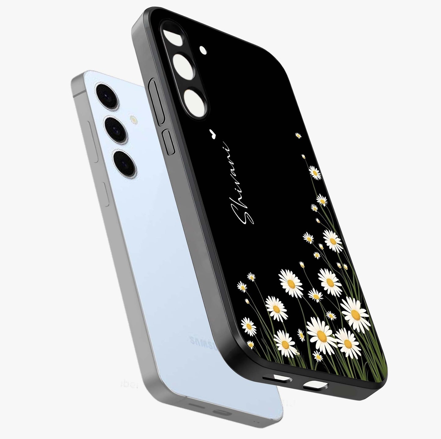 Daisy Cascade Custom Name Glass Case displayed in angled mockup highlighting delicate daisy artwork with custom name feature.