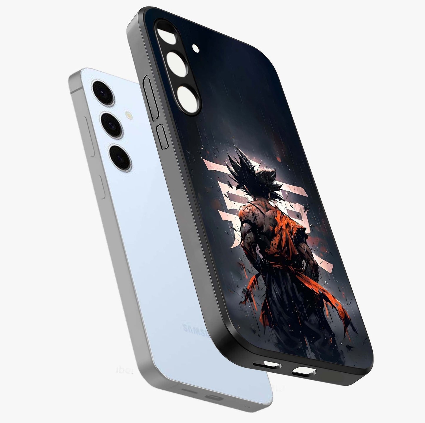 Dark Warrior In Rain Glass Case displayed in angled mockup highlighting dramatic warrior illustration with dark rain aesthetic.