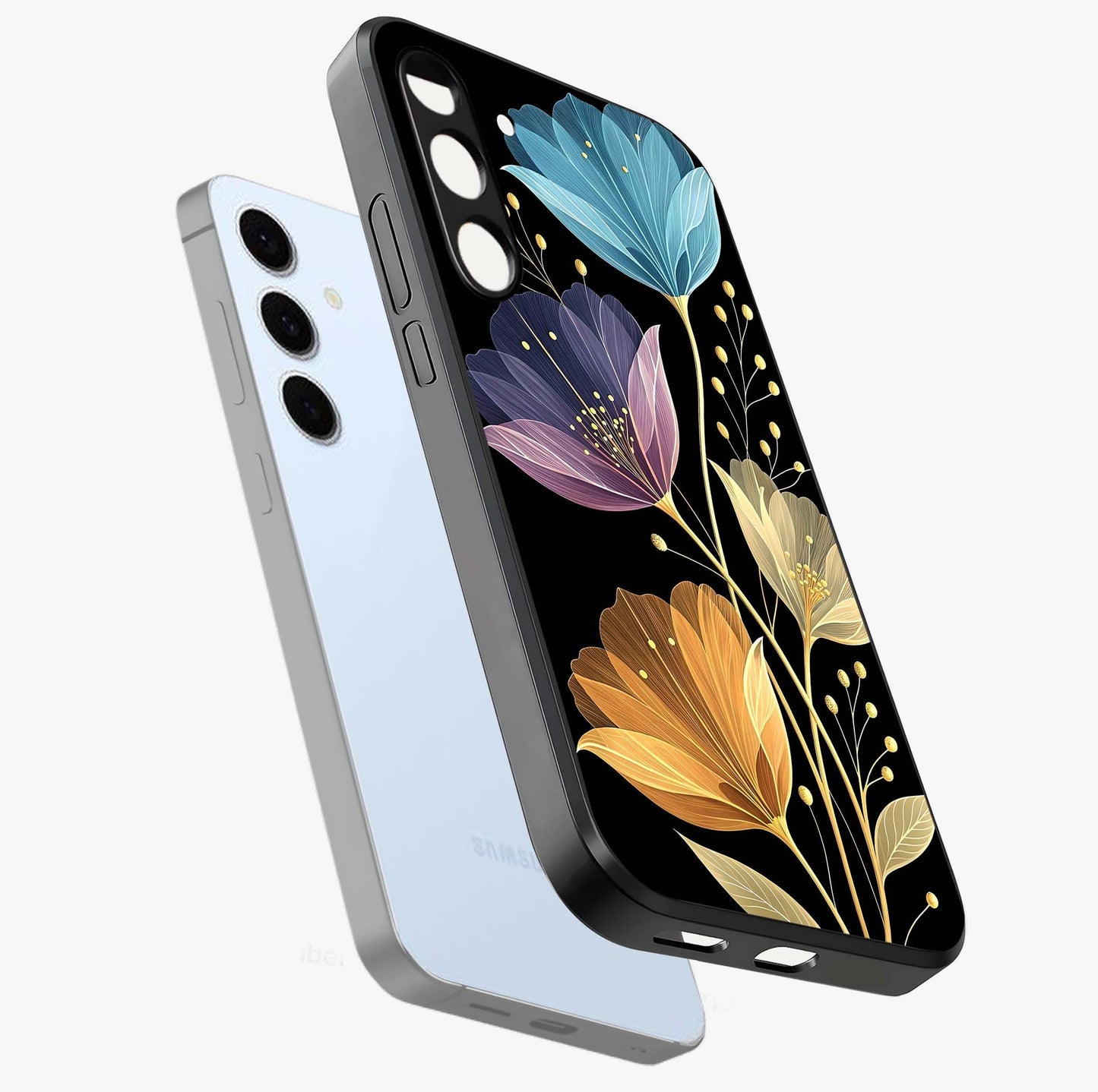 Delicate Multicolor Flowers Glass Case displayed in angled mockup highlighting colorful flower pattern with soft aesthetic style.
