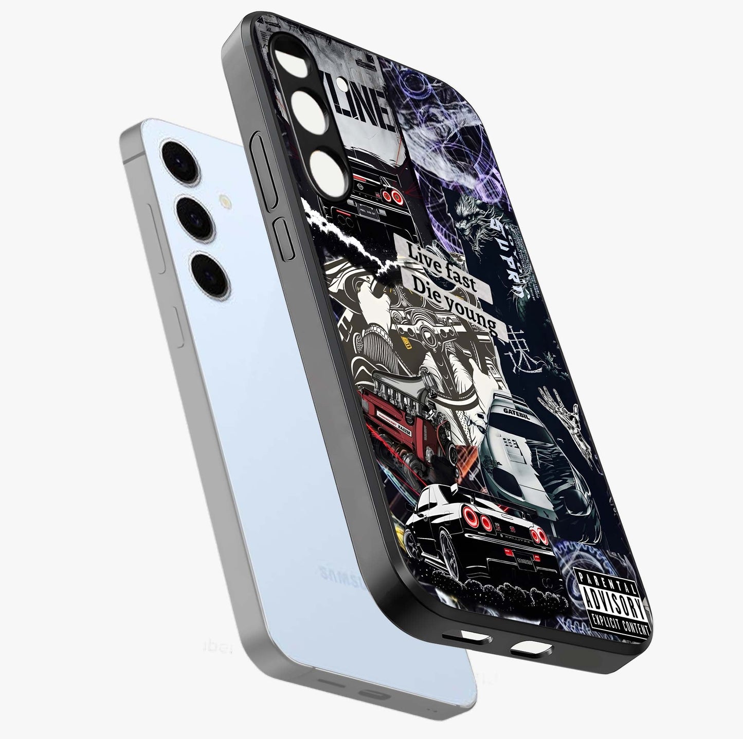 Die Young Glass Case displayed in angled mockup highlighting expressive graphic artwork with edgy aesthetic style.