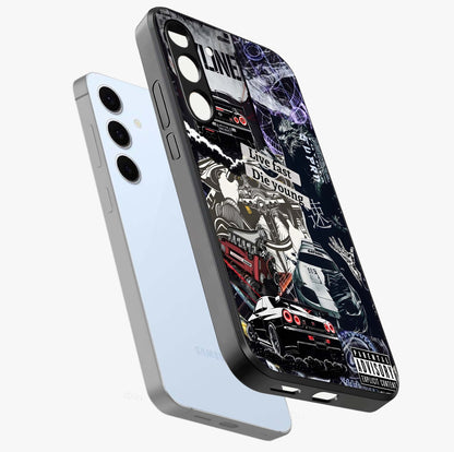Die Young Glass Case displayed in angled mockup highlighting expressive graphic artwork with edgy aesthetic style.