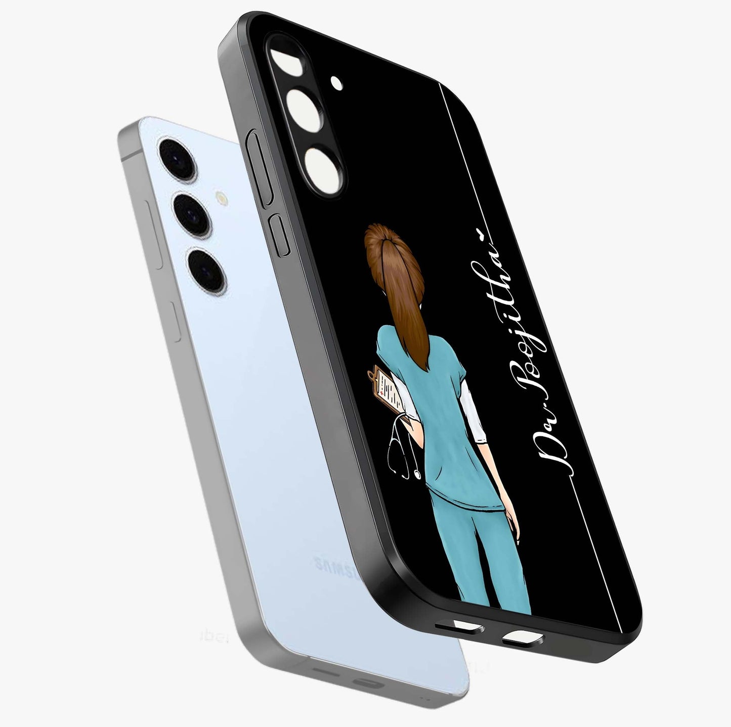 Doctor Pattern Custom Name Glass Case displayed in angled mockup highlighting doctor inspired artwork with custom name feature.