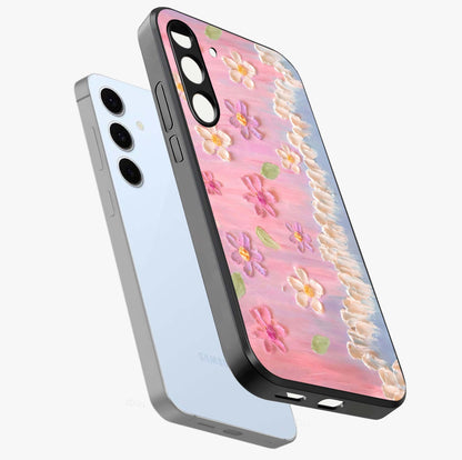 Dreamy Painted Garden Glass Case displayed in angled mockup highlighting colorful garden illustration with dreamy aesthetic style.