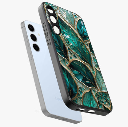 Emerald Leaf Glass Glass Case displayed in angled mockup highlighting botanical leaf illustration with elegant natural aesthetic.