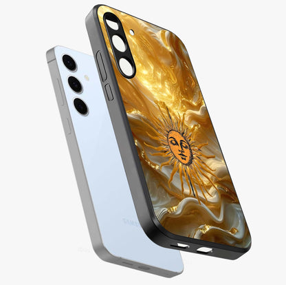 Eternal Golden Glow Glass Case displayed in angled mockup highlighting glowing golden aesthetic design with elegant style.