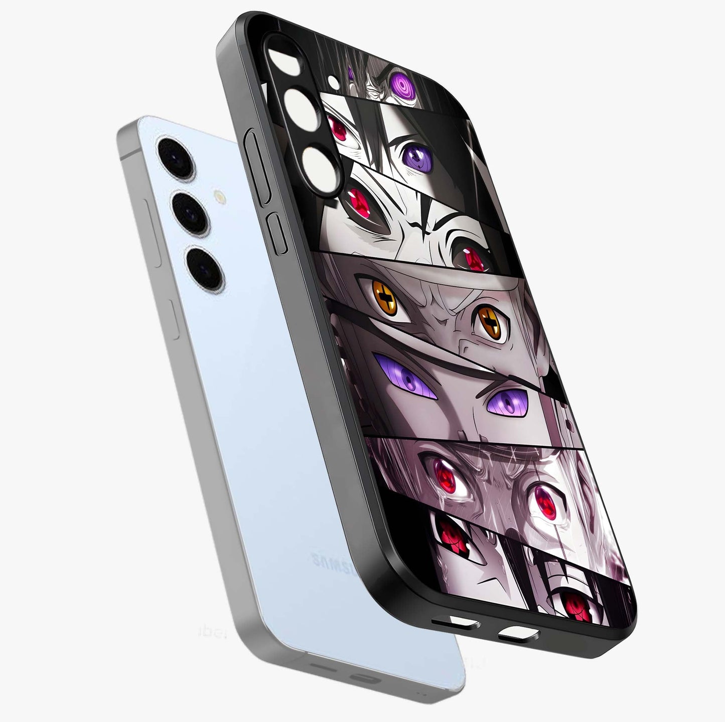 Eyes of Destiny Glass Case displayed in angled mockup highlighting bold eye illustration with mystical aesthetic style.