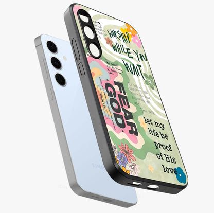 Faith Over Fear Glass Case displayed in angled mockup highlighting inspirational message design with modern aesthetic style.