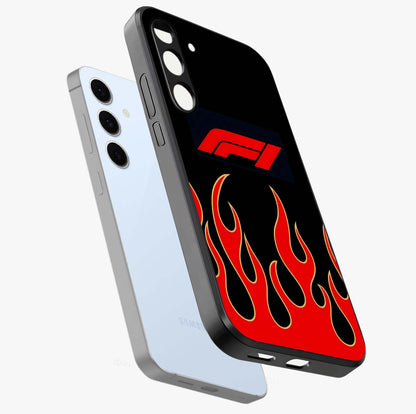 Fire F11 Glass Case displayed in angled mockup highlighting bold fire inspired graphic with energetic aesthetic style.