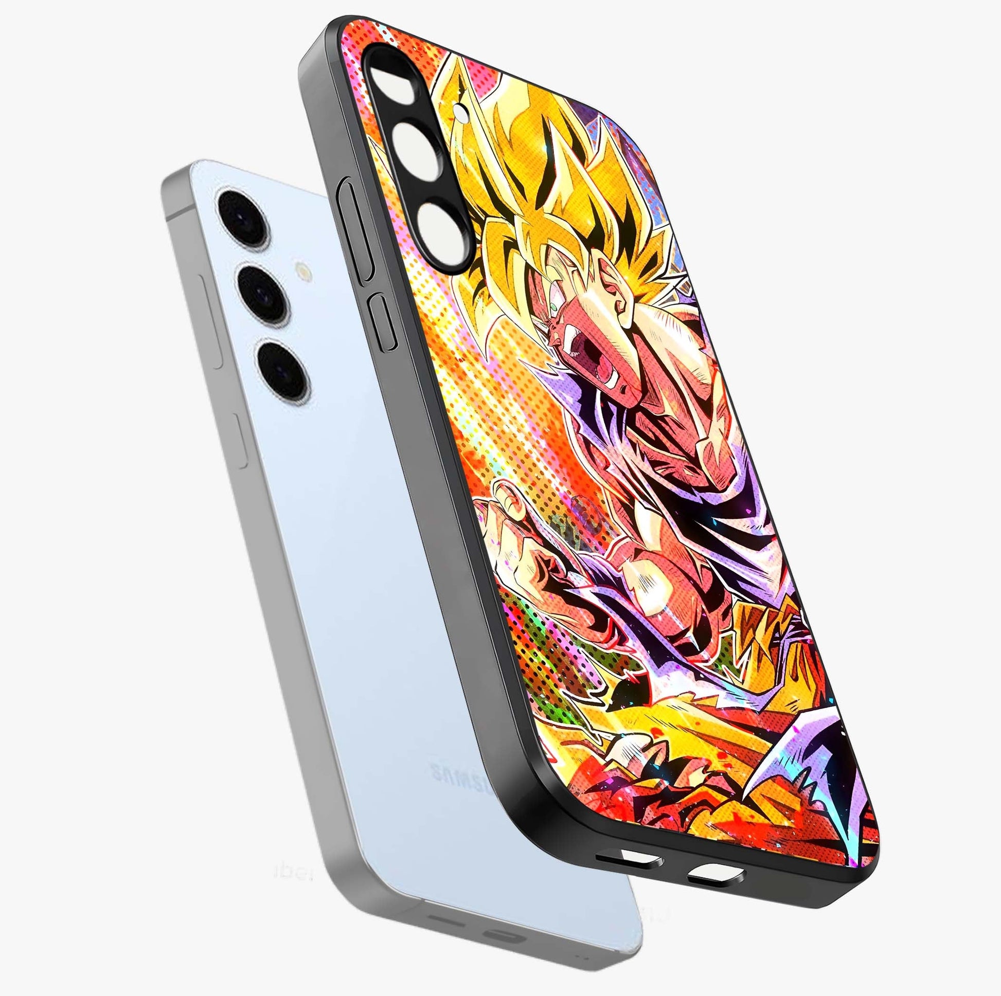 Firing Goku Glass Case displayed in angled mockup highlighting dynamic anime character design with action aesthetic.