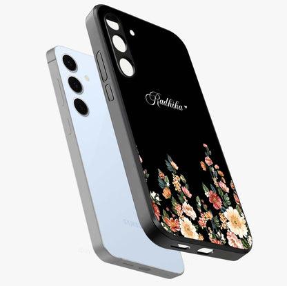 Floral Design With a Custom Personalized Name Glass Case displayed in angled mockup highlighting elegant floral pattern with custom name feature.