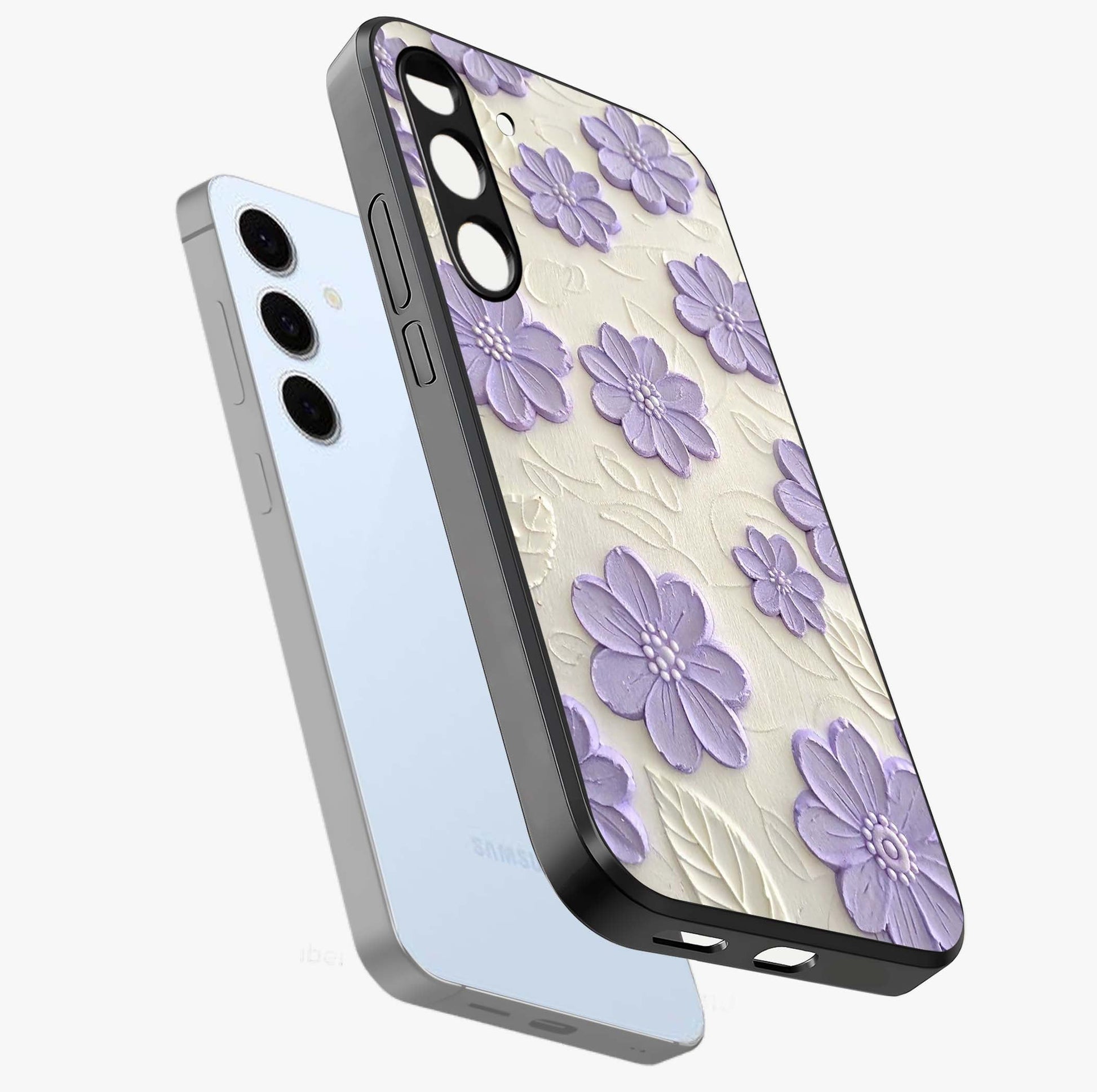 Floral Wall Art With Purple Flowers Glass Case displayed in angled mockup highlighting vibrant purple floral illustration with artistic aesthetic.