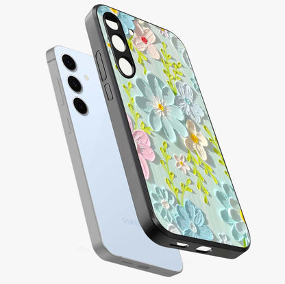 Frosted Petal Garden Glass Case displayed in angled mockup highlighting delicate flower petal design with calm garden aesthetic.