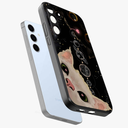 Galactic Cat Glass Case displayed in angled mockup highlighting celestial feline illustration with galaxy aesthetic style.
