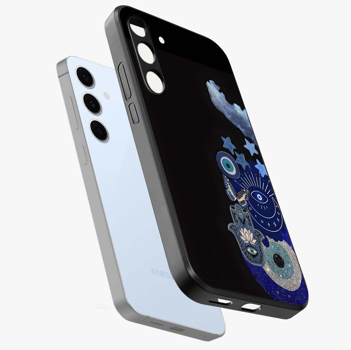 Galactic Charm Cluster Glass Case displayed in angled mockup highlighting luminous galaxy inspired design with dreamy aesthetic.
