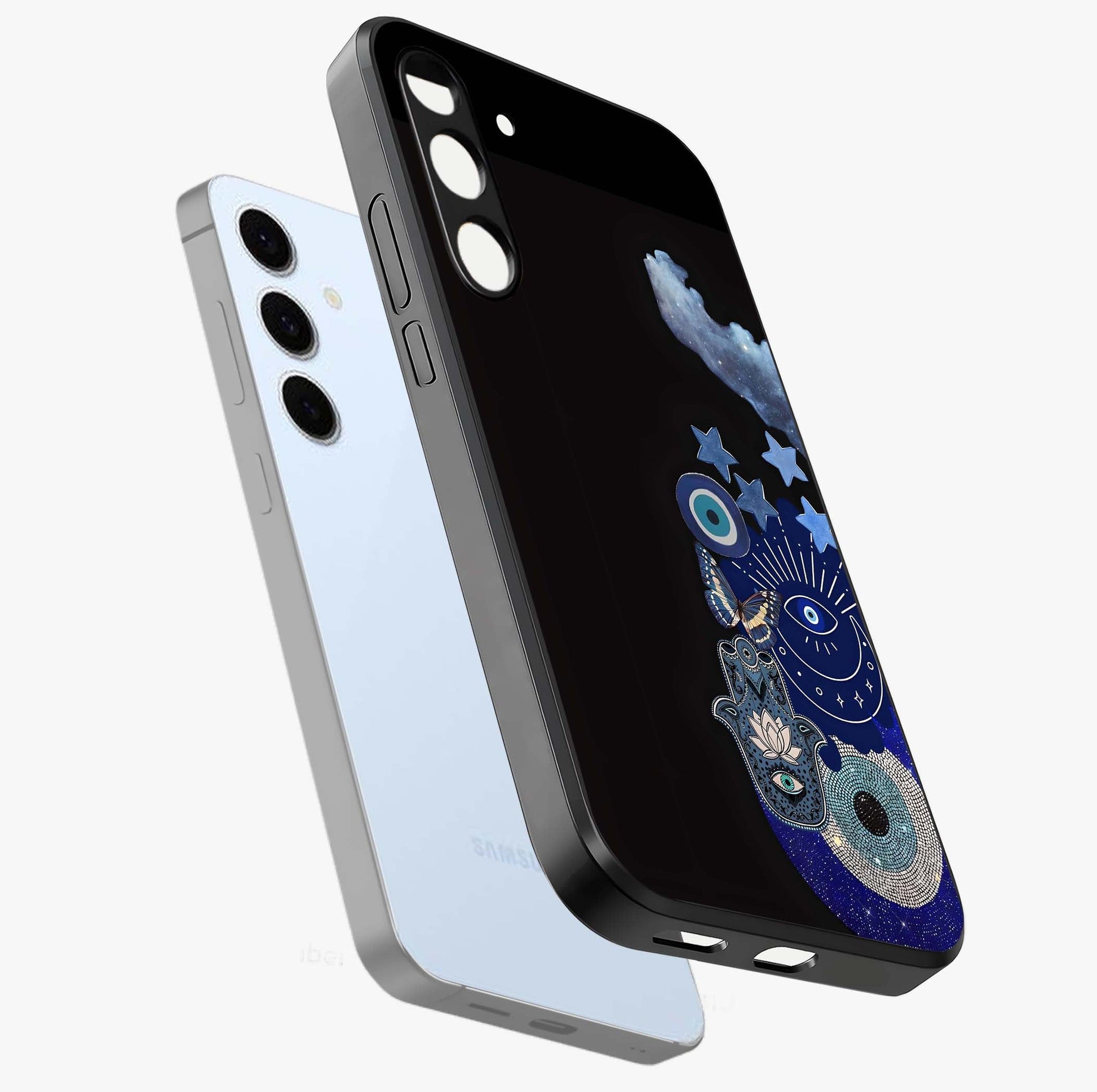 Galactic Charm Cluster Glass Case displayed in angled mockup highlighting luminous galaxy inspired design with dreamy aesthetic.