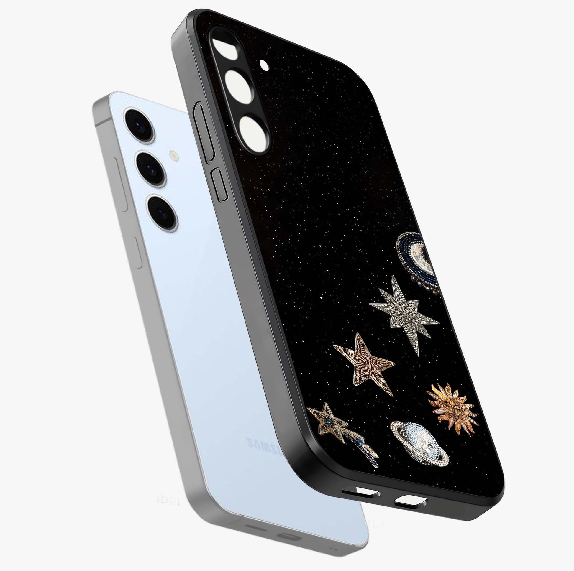 Galactic Charm Glow Glass Case displayed in angled mockup highlighting luminous galaxy inspired design with dreamy aesthetic.