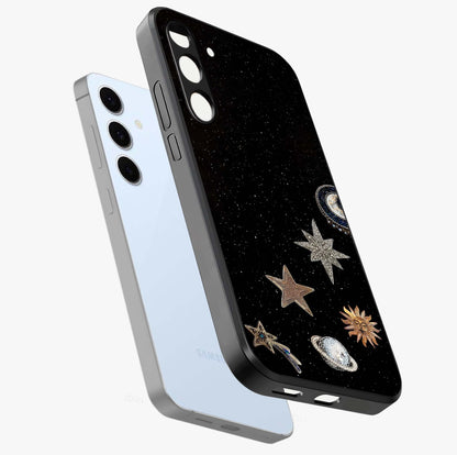 Galactic Charm Glow Glass Case displayed in angled mockup highlighting luminous galaxy inspired design with dreamy aesthetic.