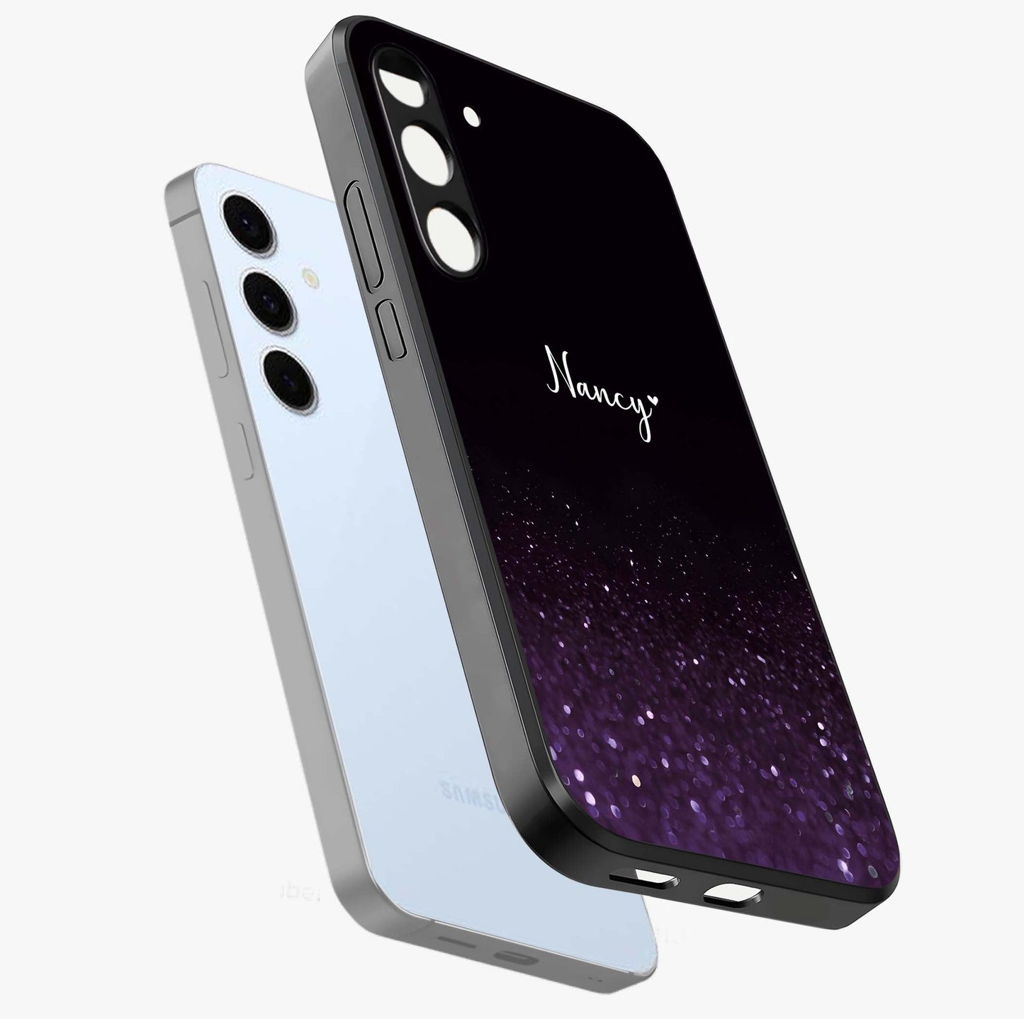 Glittery Purple Bokeh Custom Name Glass Case displayed in angled mockup highlighting glitter bokeh pattern with custom name feature.