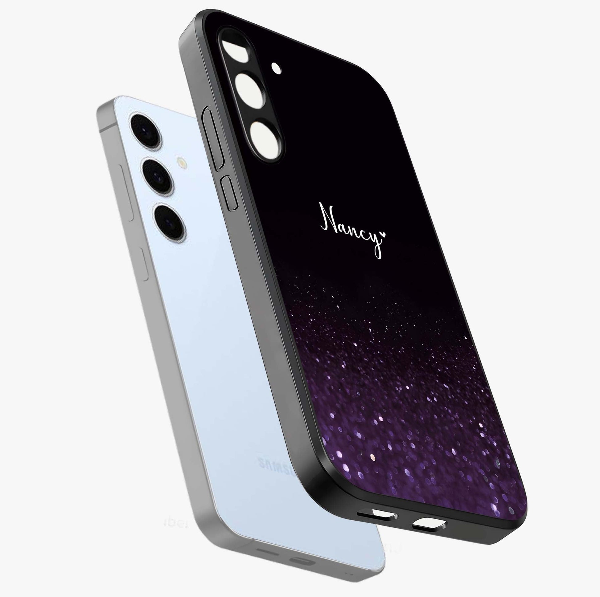 Glittery Purple Bokeh Custom Name Glass Case displayed in angled mockup highlighting glitter bokeh pattern with custom name feature.