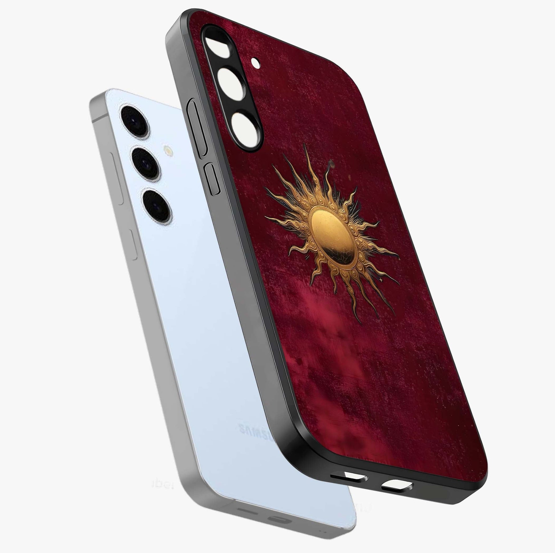 Golden Sun Minimalism Glass Case displayed in angled mockup highlighting clean sun symbol design with modern minimal aesthetic.