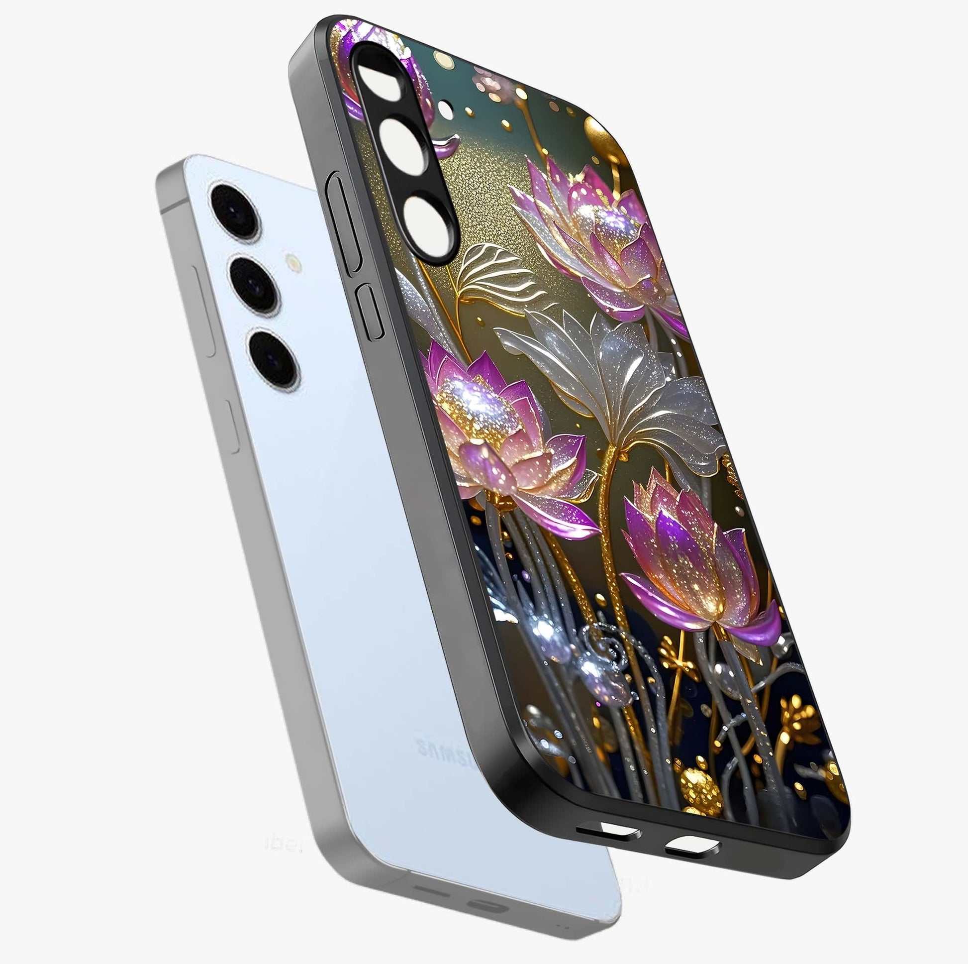 Golden Floral Majesty Glass Case displayed in angled mockup highlighting elegant flower design with royal golden aesthetic.