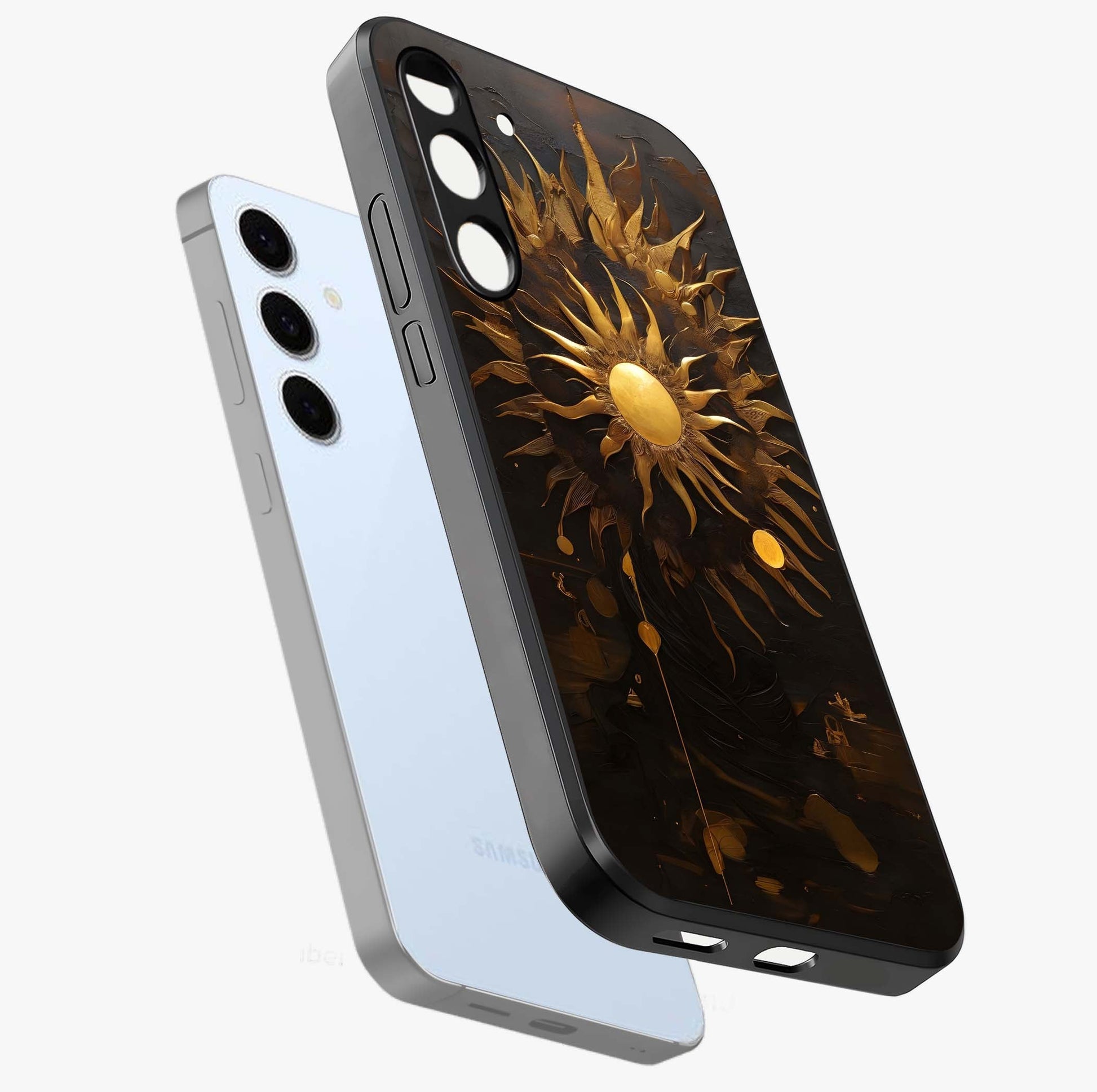 Golden Sun Majesty Glass Case displayed in angled mockup highlighting eerie shadow illustration with gothic aesthetic.