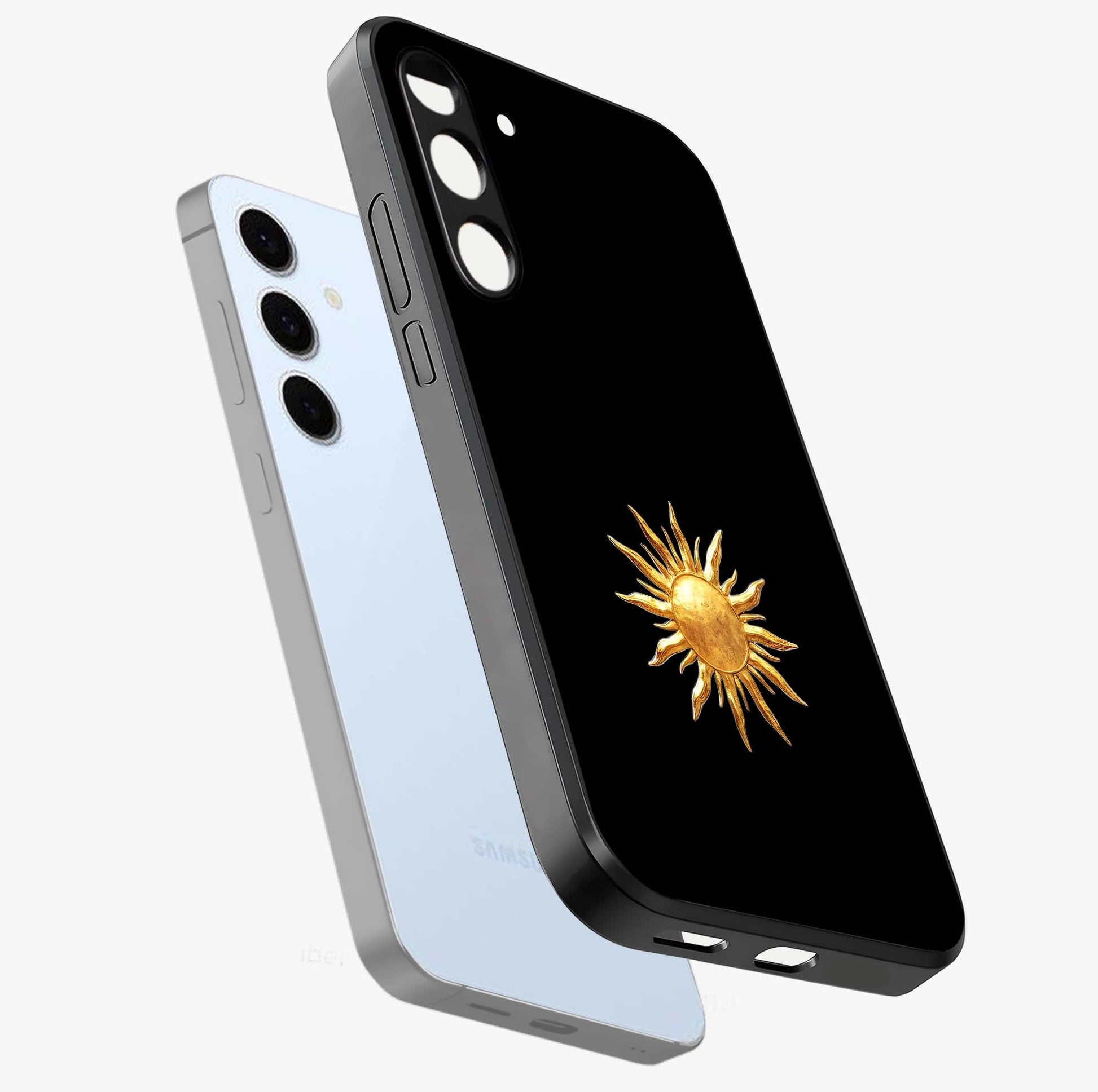 Golden Sun Minimalism Glass Case displayed in angled mockup highlighting eerie shadow illustration with gothic aesthetic.
