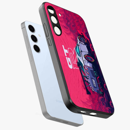 GT-R Car Pattern Glass Case displayed in angled mockup highlighting racing car graphic design with bold automotive aesthetic.