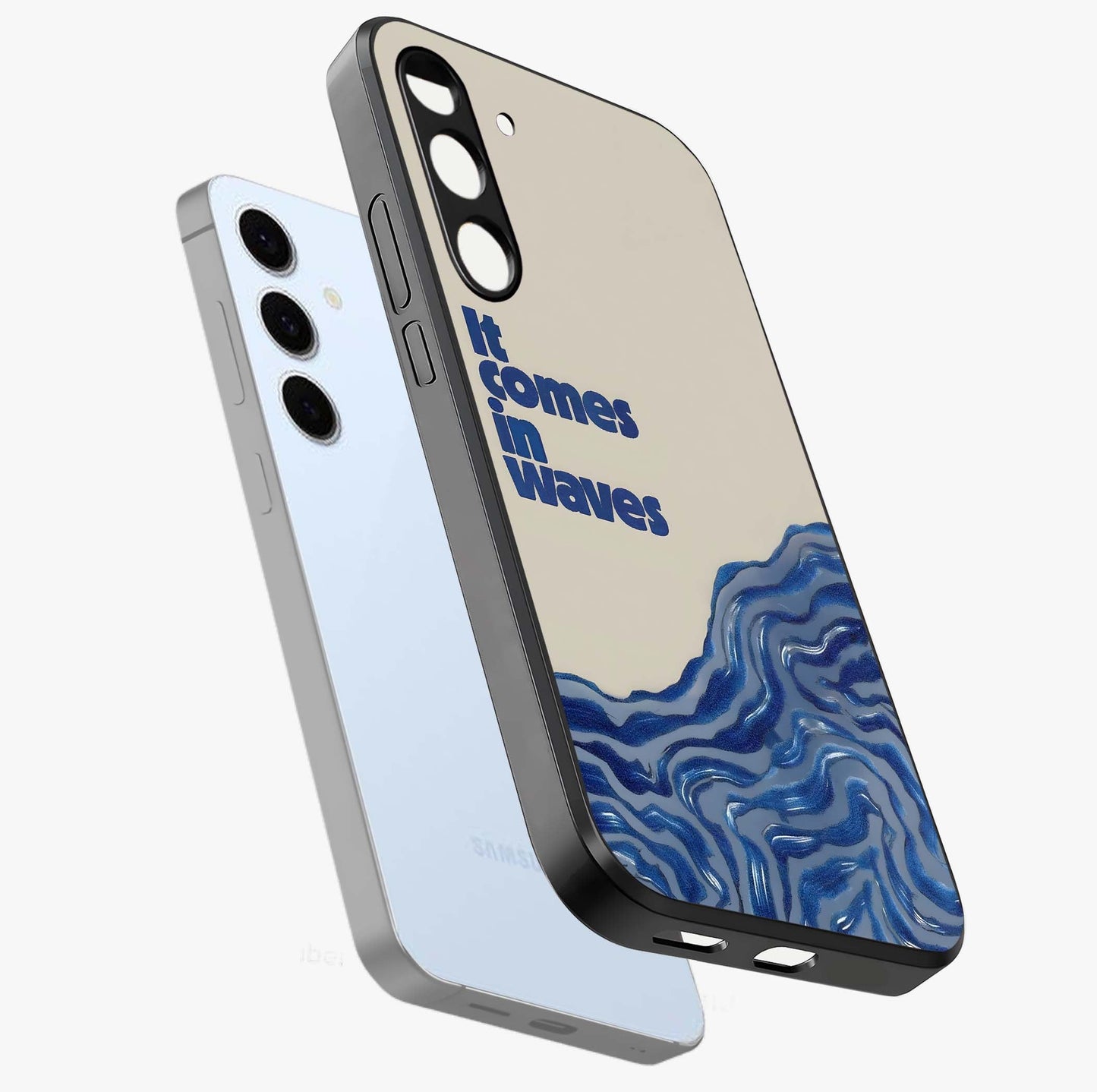 It Comes In Waves Quote Glass Case displayed in angled mockup highlighting ocean wave typography design with aesthetic style.