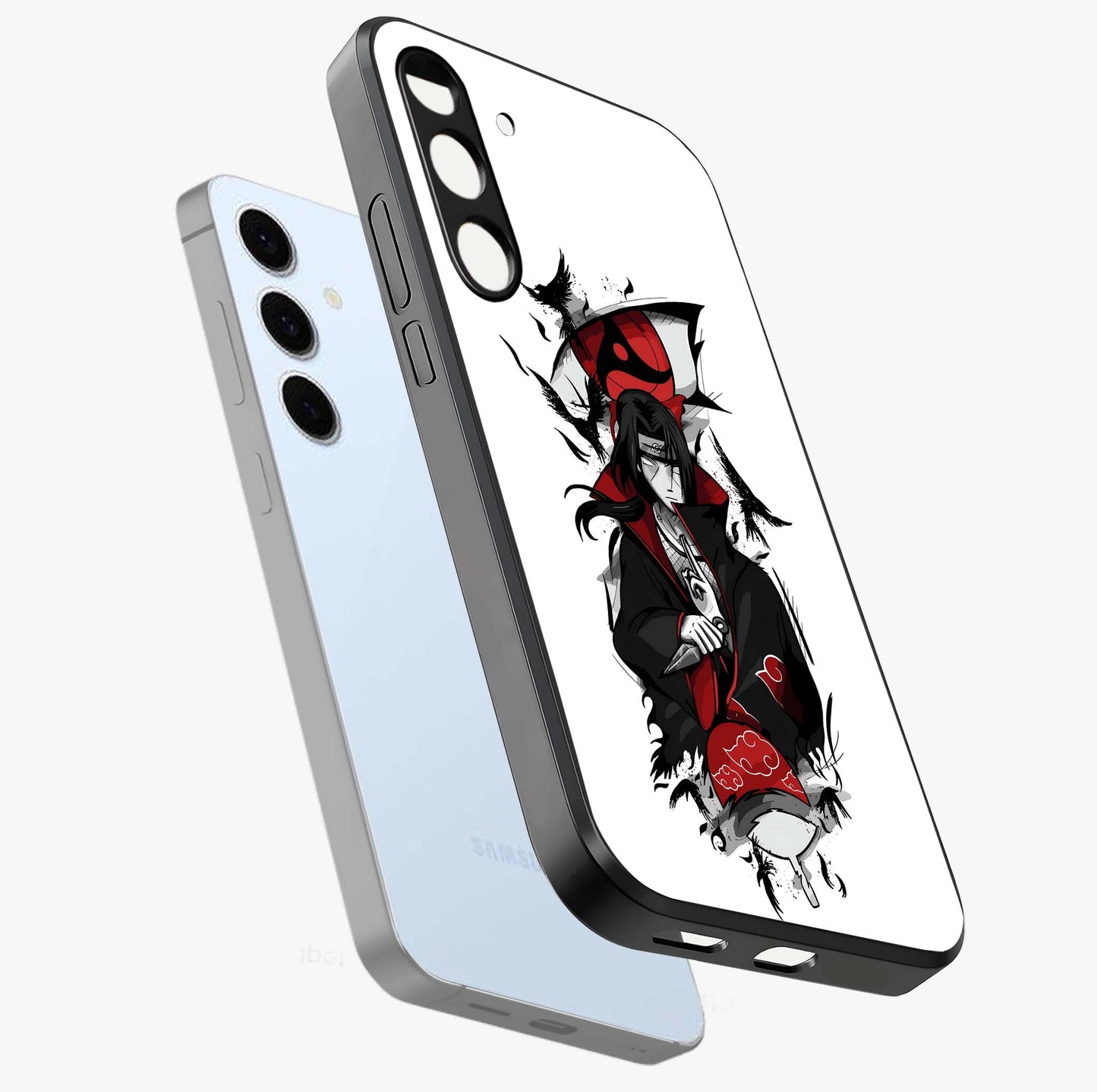 Itachi Sharingan Glass Case displayed in angled mockup highlighting striking sharingan eye design with dramatic anime aesthetic.