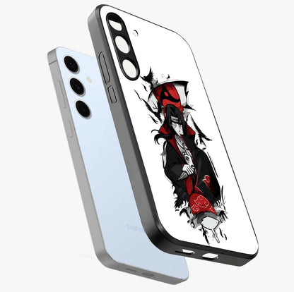 Itachi Sharingan Glass Case displayed in angled mockup highlighting striking sharingan eye design with dramatic anime aesthetic.