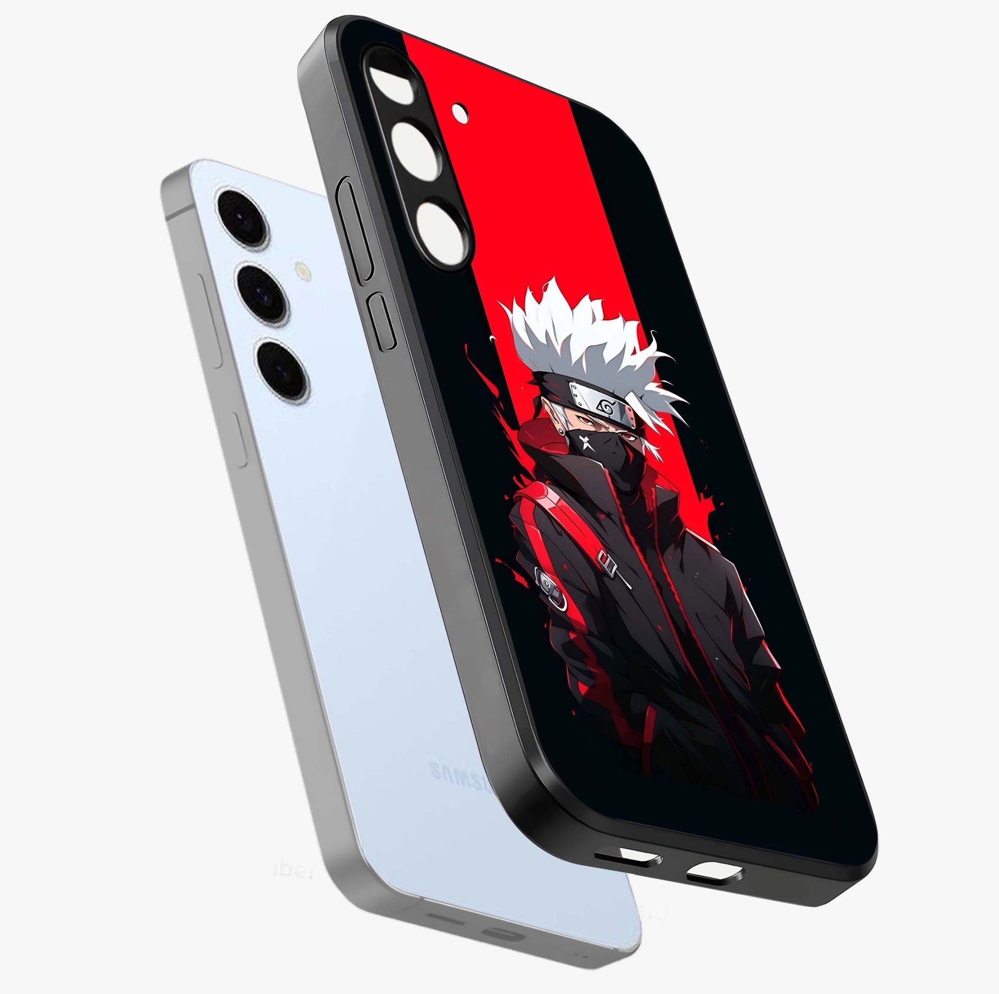 Kakashi Scarlet Shadow Glass Case displayed in angled mockup highlighting dramatic ninja illustration with scarlet themed aesthetic.