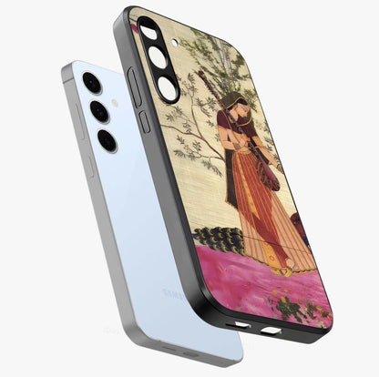 Lady With Veena Art Glass Case displayed in angled mockup highlighting graceful musical illustration with cultural artistic aesthetic.