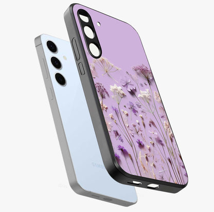 Lavender Blossom Dream Glass Case displayed in angled mockup highlighting dreamy lavender flower design with calming aesthetic style.
