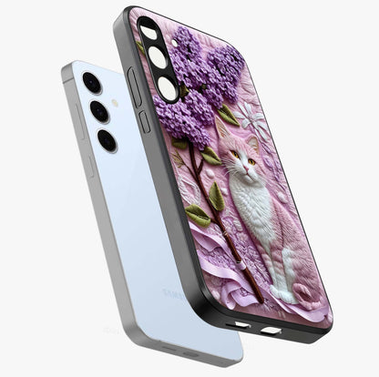 Lavender Cat Whimsy Glass Case displayed in angled mockup highlighting playful feline illustration with pastel lavender aesthetic.