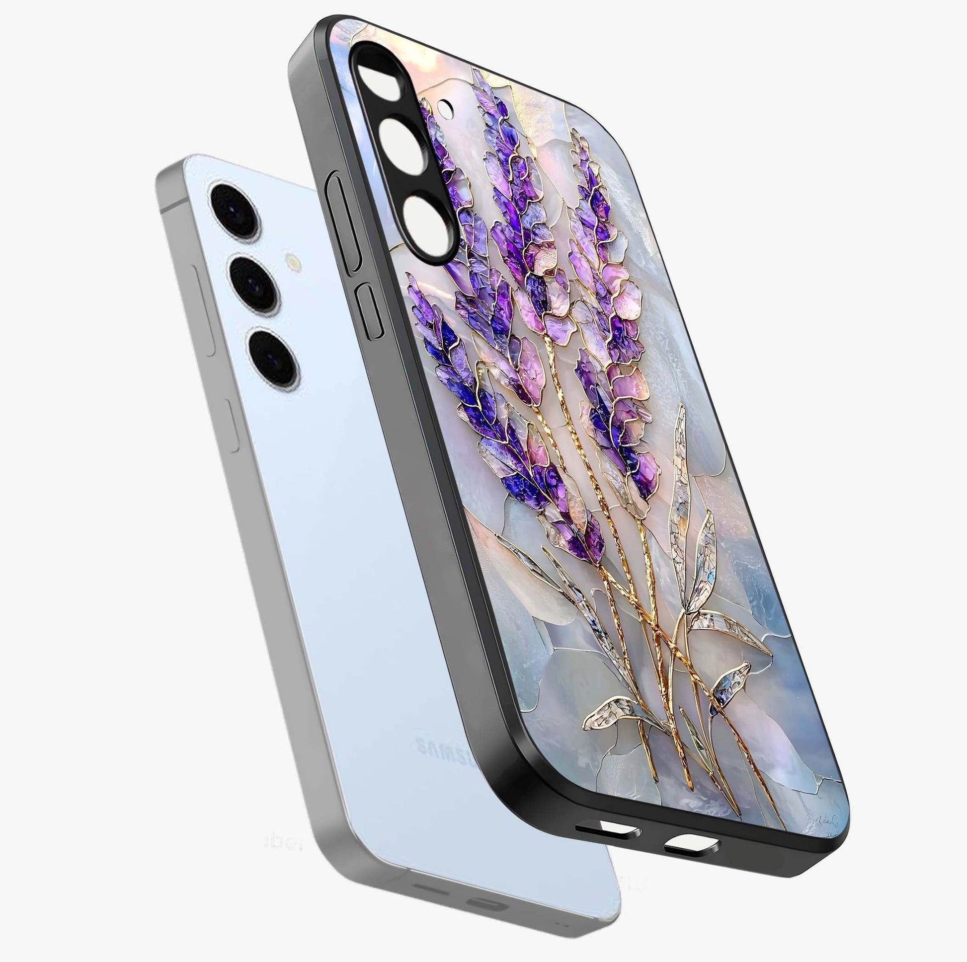 Lavender Dream Glow Glass Case displayed in angled mockup highlighting dreamy purple glow design with soft artistic style.