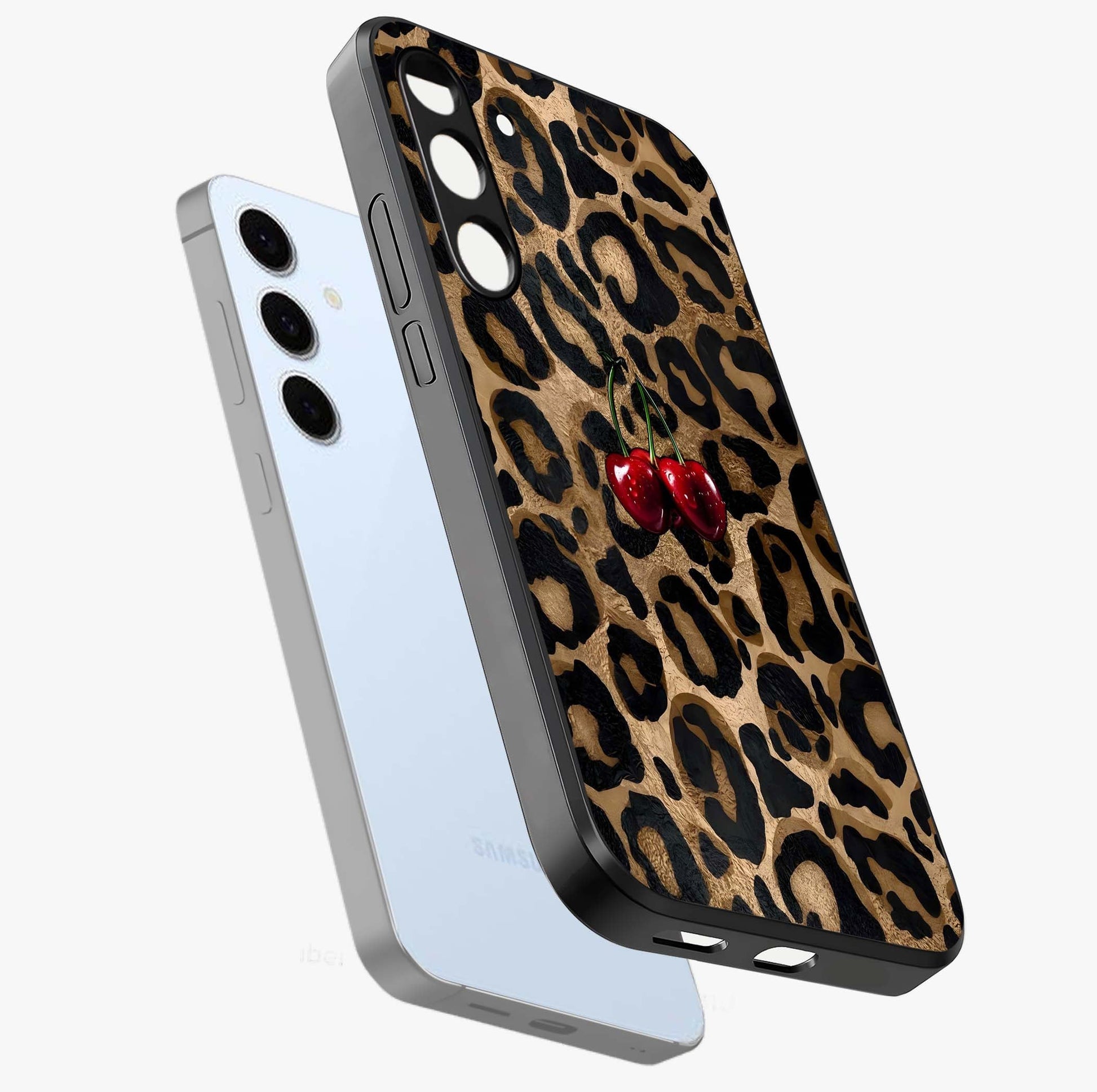 Leopard Wild Cherry Glass Case displayed in angled mockup highlighting bold animal print design with playful cherry aesthetic.