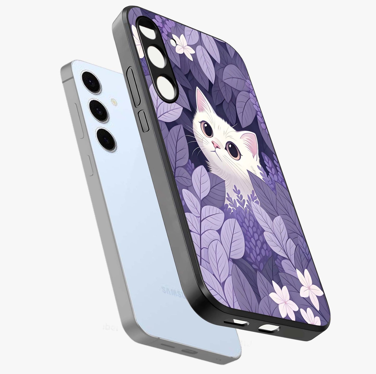 Lilac Hide Peek Cat Glass Case displayed in angled mockup highlighting playful feline illustration with lilac aesthetic design.