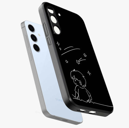Line Art Boy With Shooting Stars Glass Case displayed in angled mockup highlighting elegant line art design with dreamy star aesthetic.