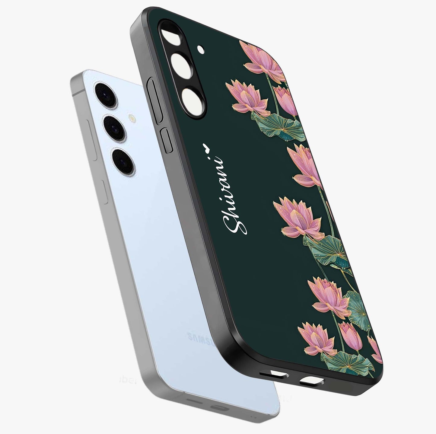 Lotus Bloom Serenity Custom Name Glass Case displayed in angled mockup highlighting graceful lotus illustration with custom name feature.