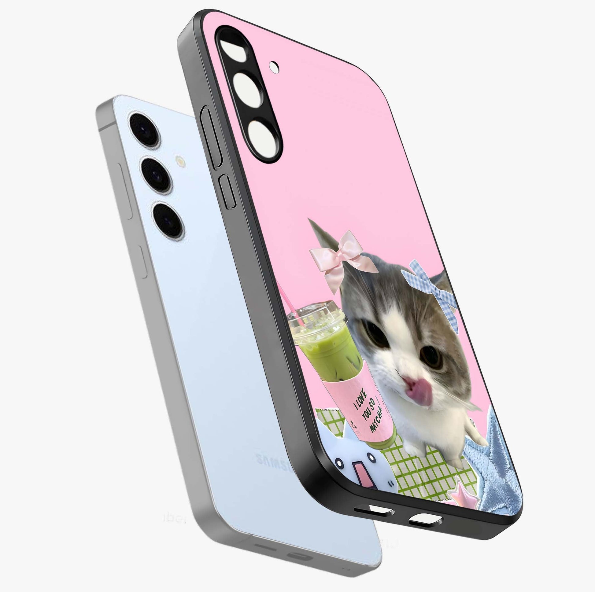 Love Matcha Cat Glass Case displayed in angled mockup highlighting playful feline illustration with cozy matcha aesthetic.