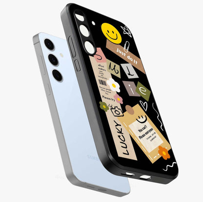 Lucky Aesthetic Collage Glass Case displayed in angled mockup highlighting stylish collage pattern with modern aesthetic vibe.