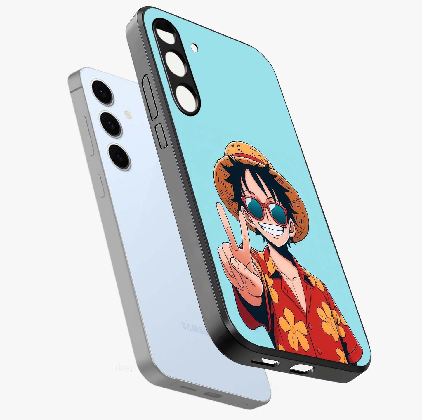 Luffy Summer Anime Vibe Glass Case displayed in angled mockup highlighting energetic anime illustration with summer vibe aesthetic.