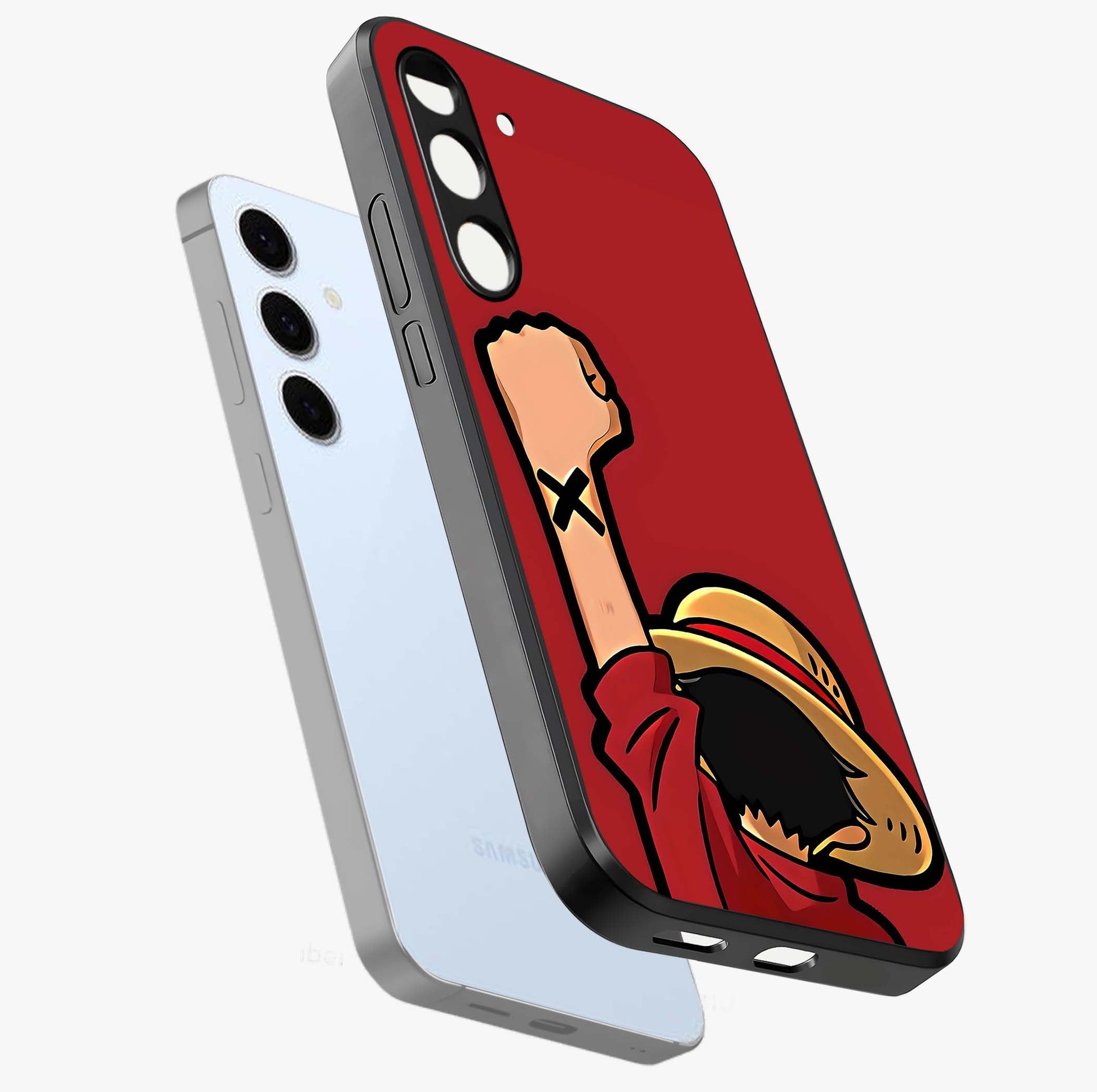 Luffy X Spirit Glass Case displayed in angled mockup highlighting powerful anime design with energetic action aesthetic.