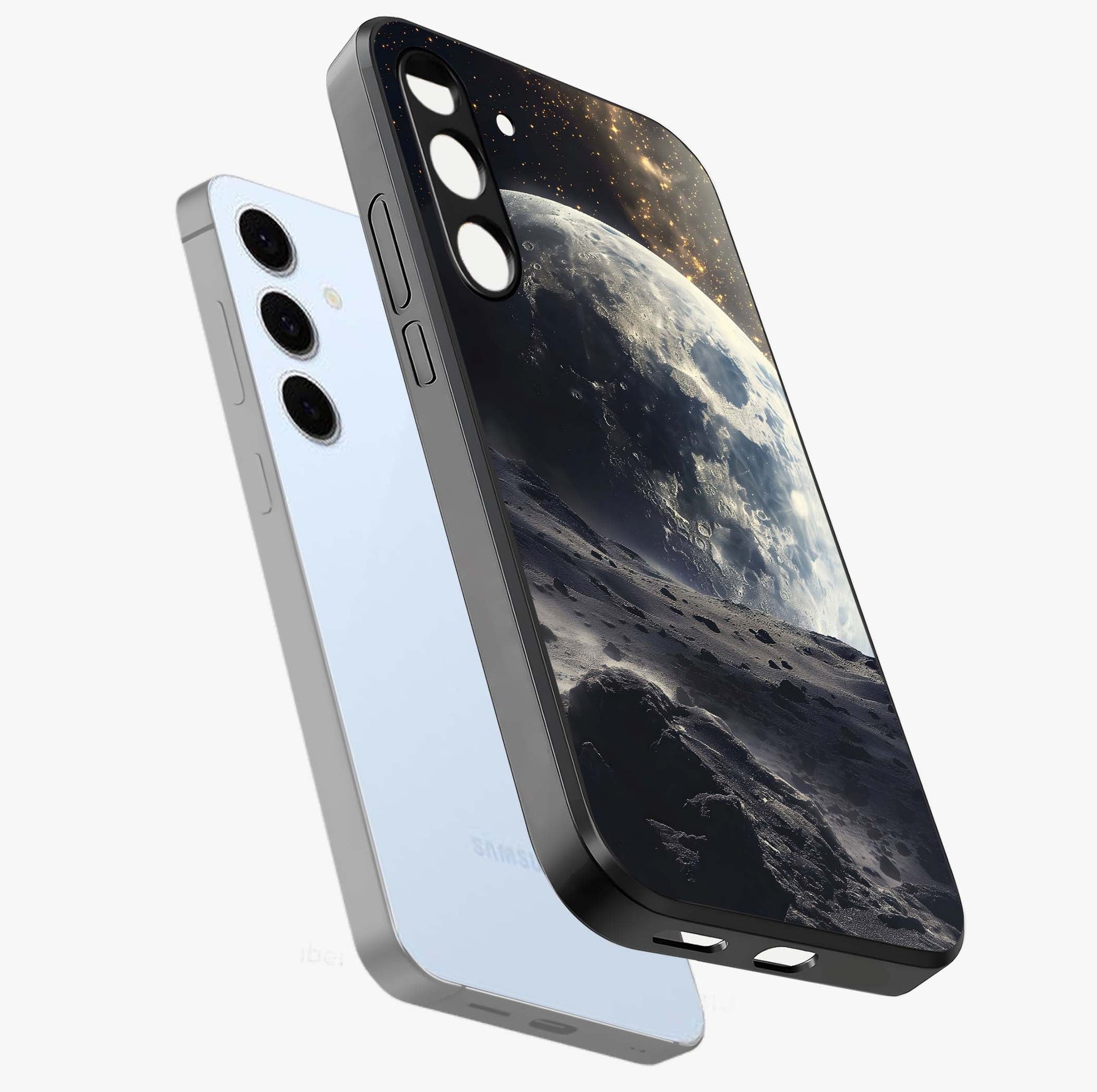 Lunar Horizon Glow Glass Case displayed in angled mockup highlighting celestial moon design with dreamy night aesthetic.