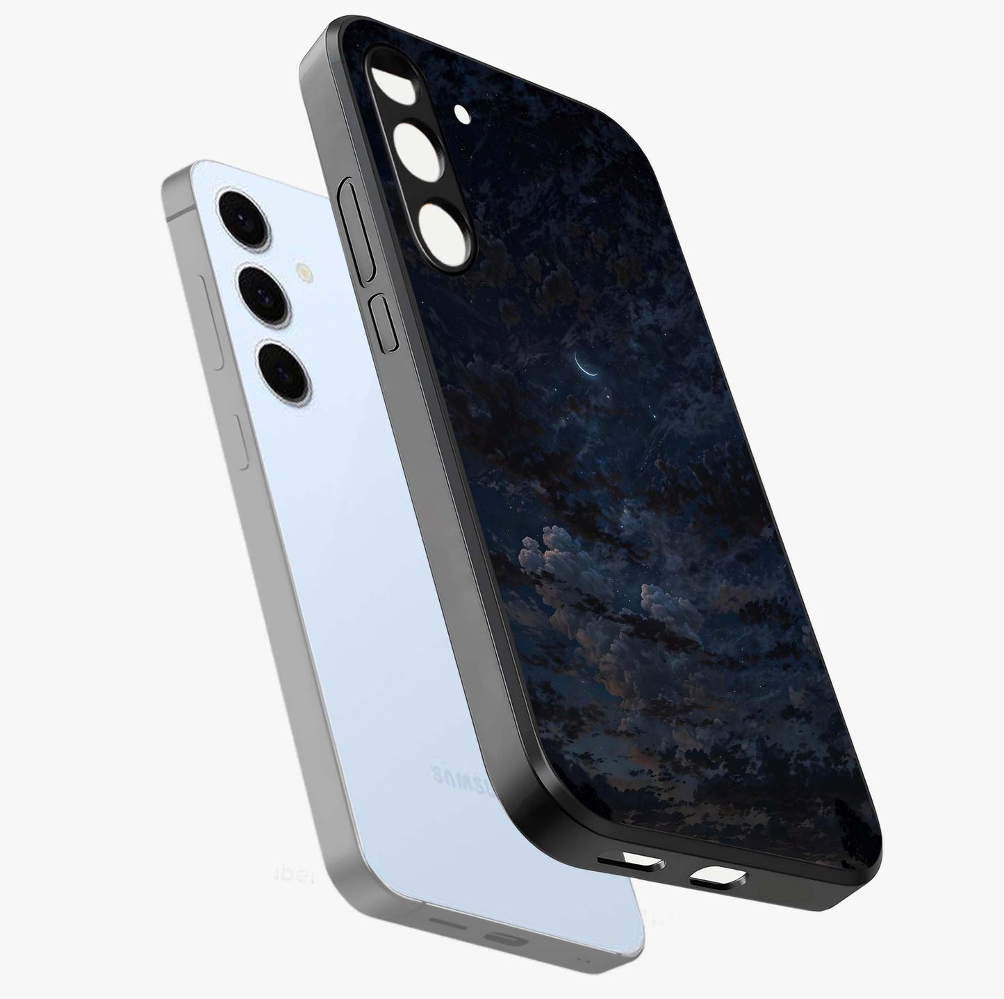 Lunar Veil Silence Glass Case displayed in angled mockup highlighting soft lunar design with peaceful celestial aesthetic.
